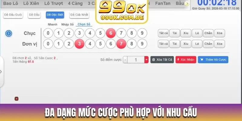 Đa dạng mức cược phù hợp với nhu cầu